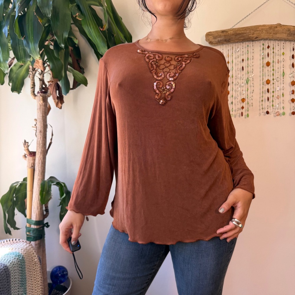 Amanda Paris Y2K Brown Sequin Beaded Embellished Bell Sleeve Boho Whimsigoth 2X
